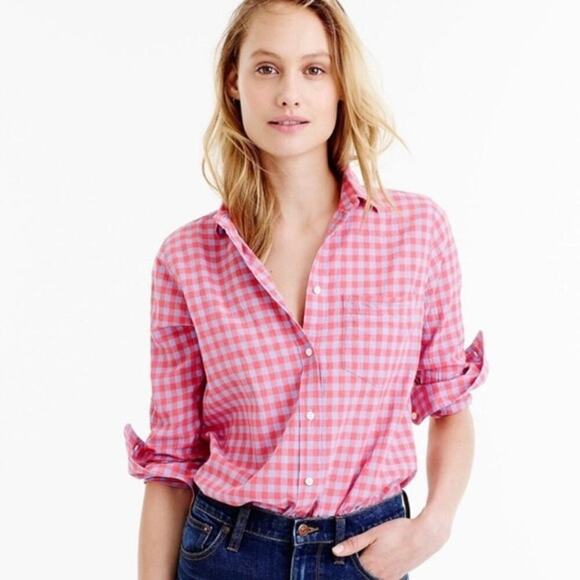 J.Crew Tops - J. Crew Plaid Check Boy Shirt Red Purple Relaxed Fit Casual Cabincore Sz 0